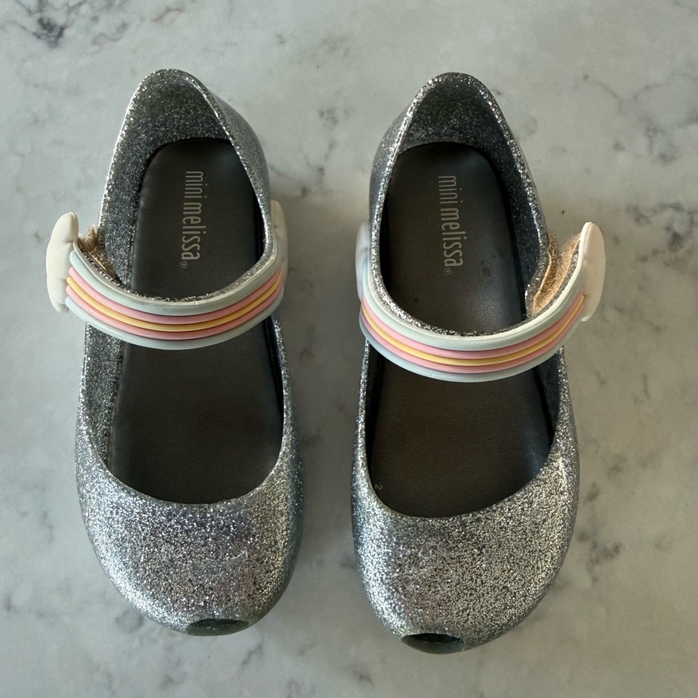 Mini Melissa ultra girl Silver Glitter Mary Jane with Pastel Rainbow Strap